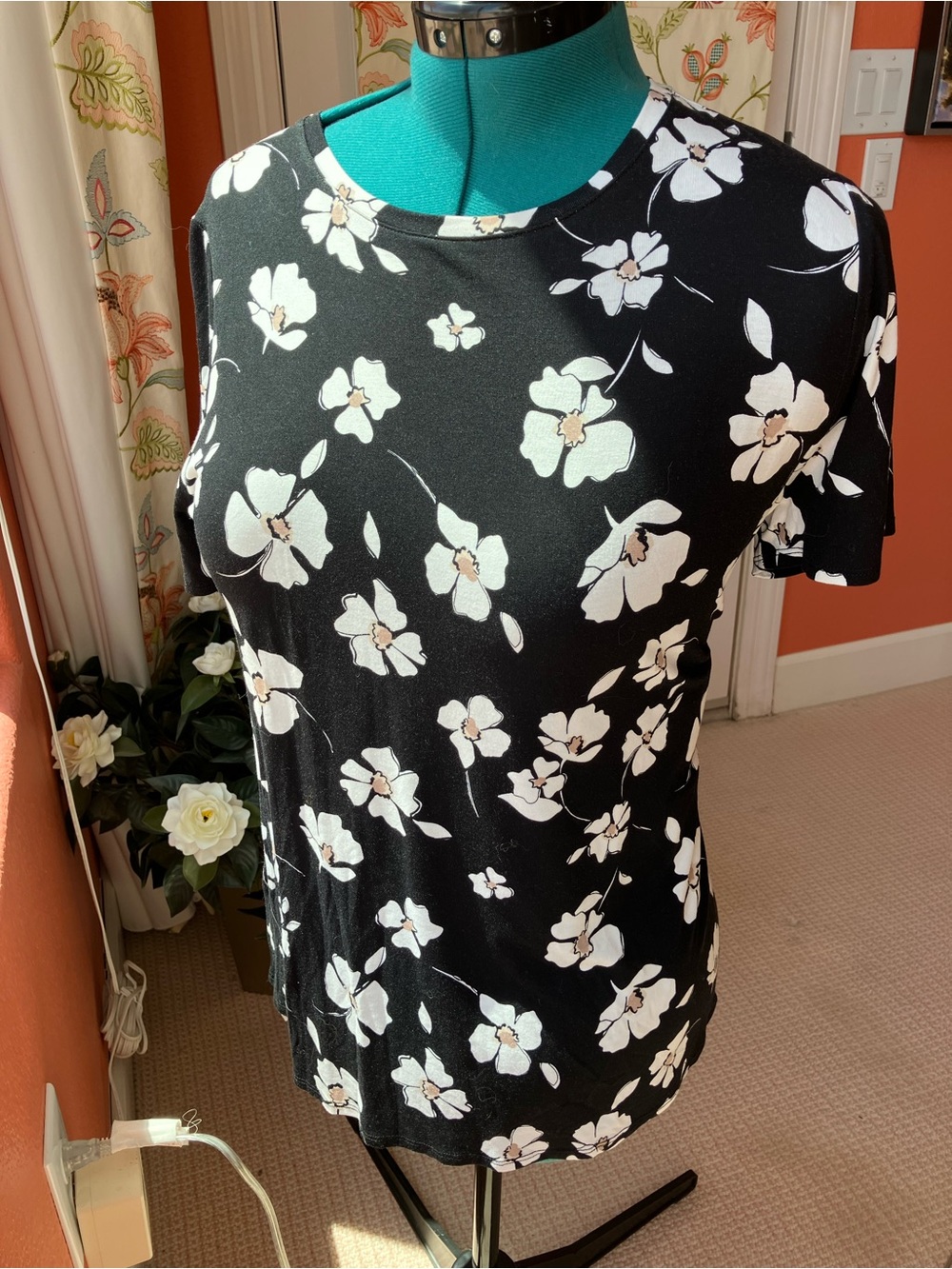 Alfani Black Short Sleeve Tee with White Floral Motif OX